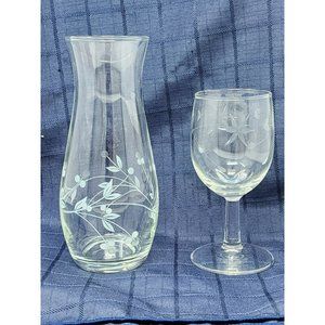Vintage Leaves/Berries Etched Wine‎ Glass & Etched Flower/Leaves Glass Vase